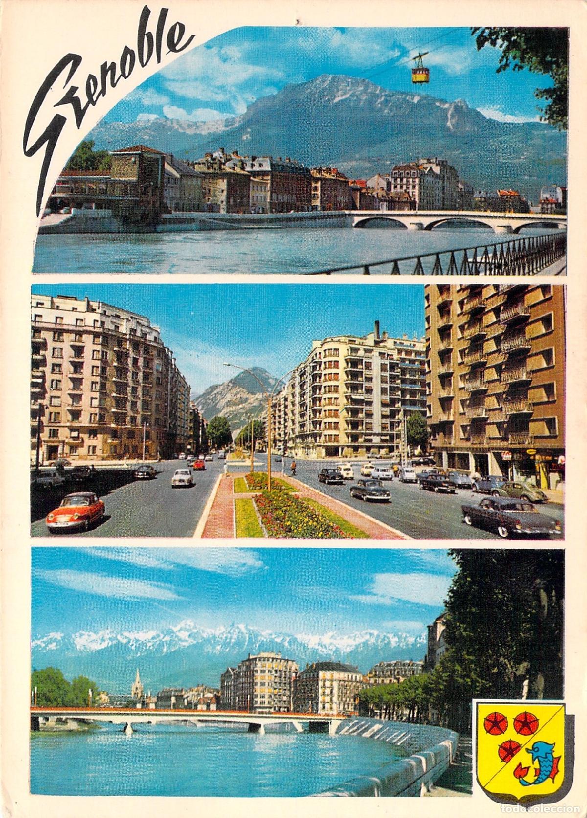 Postales: Postal Multivista de Grenoble: Telef&eacute;rico de la Bastilla y Alpes