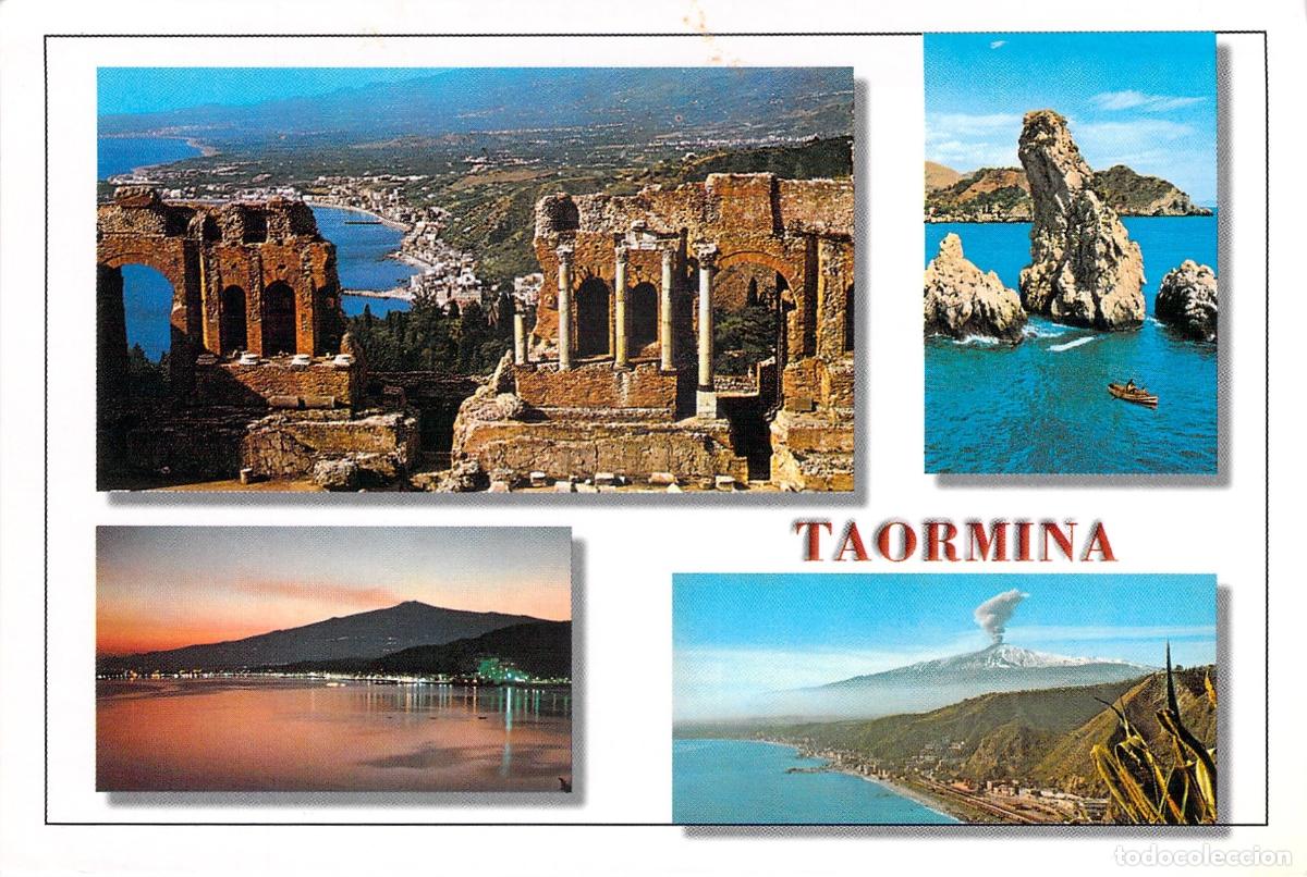 Postales: Postal de Taormina con Vistas del Teatro Griego y el Monte Etna