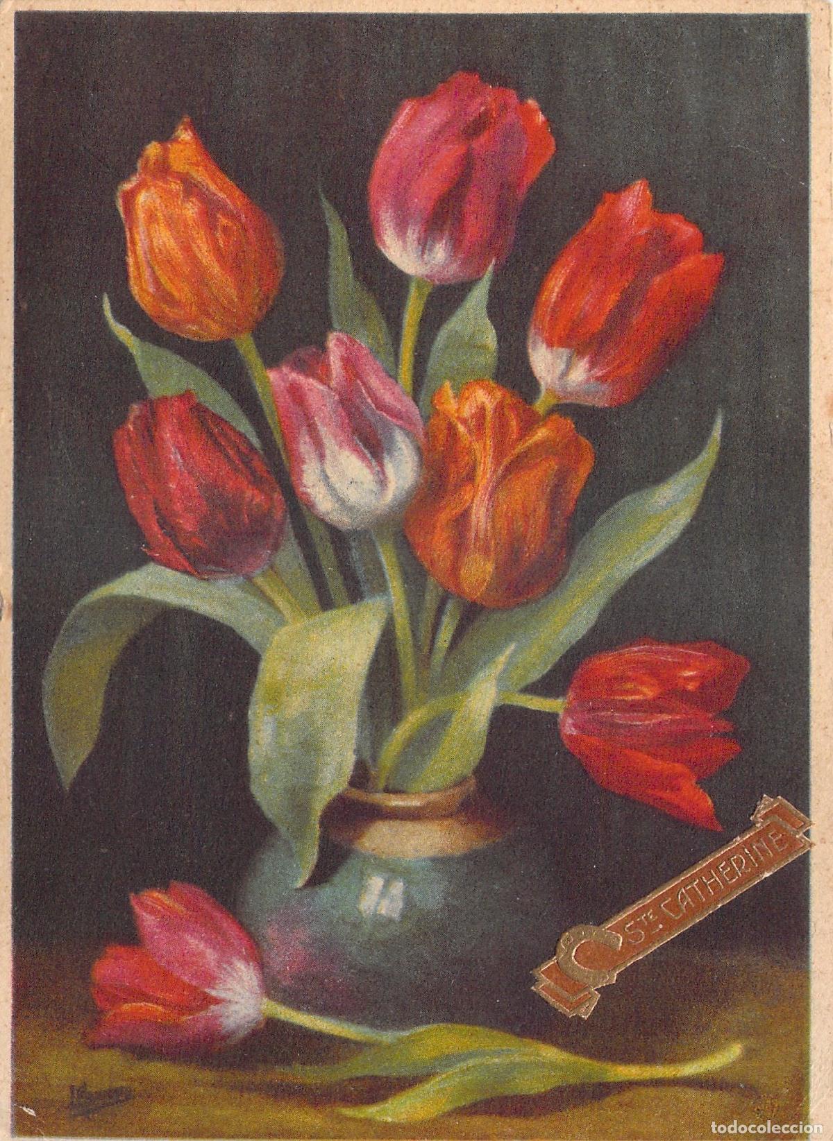 Postales: Postal Art&iacute;stica de Tulipanes en Jarr&oacute;n Felicitaci&oacute;n de Santa Catalina