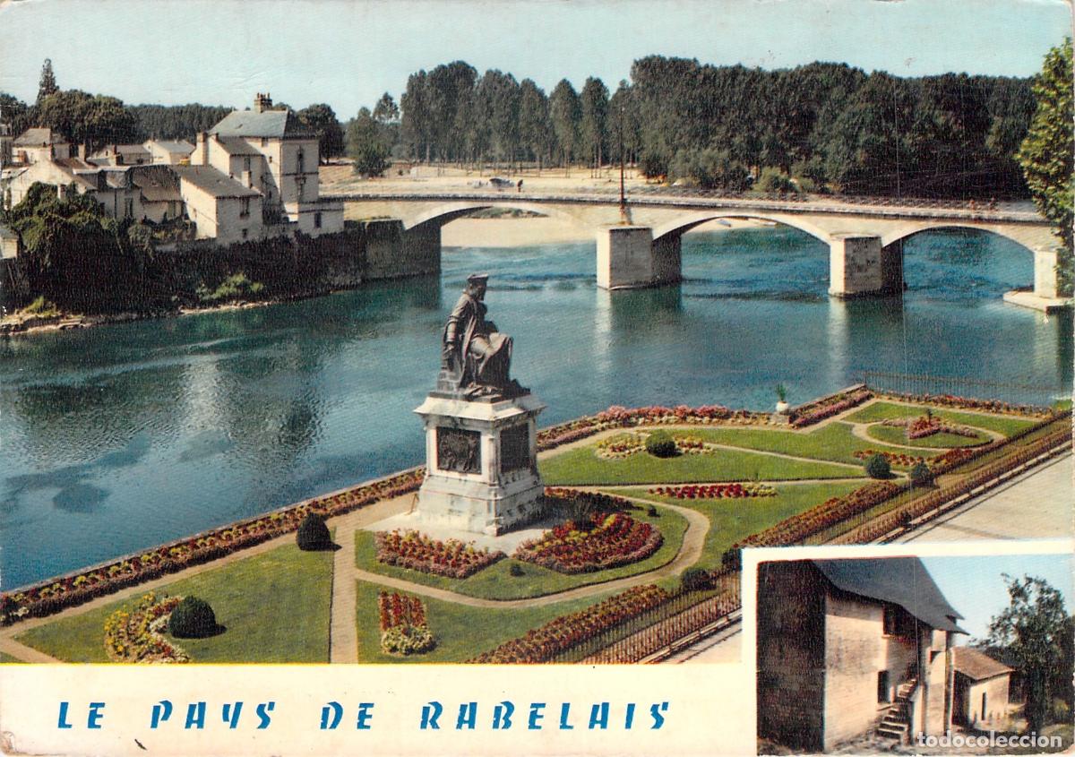 Postales: Postal de Chinon Francia La Estatua de Rabelais y R&iacute;o Vienne