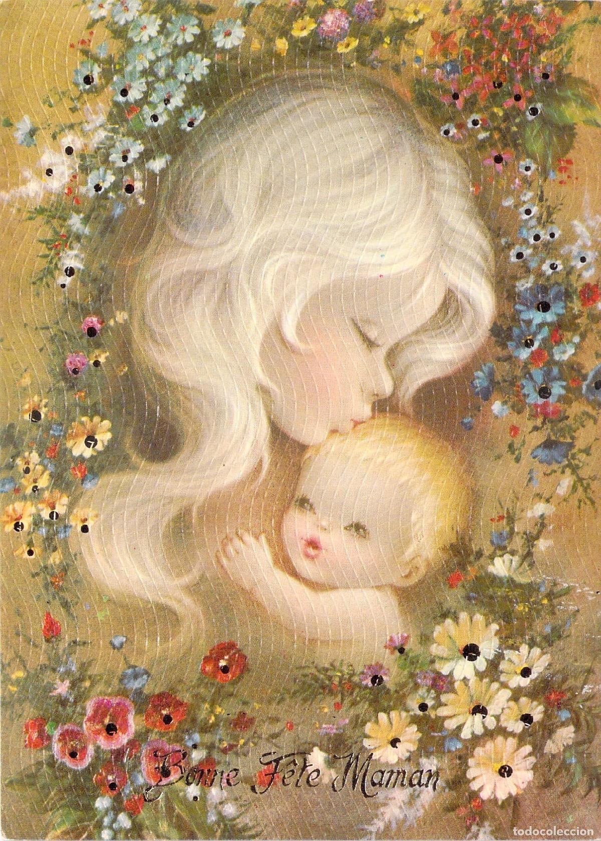 Postales: Postal Francesa Bonne F&ecirc;te Maman Madre y Beb&eacute; con Flores