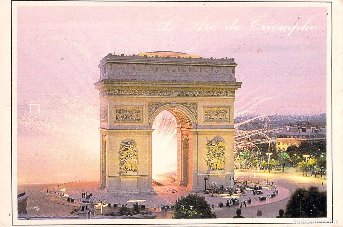 Postales: Postal de Par&iacute;s: Arco de Triunfo con Fuegos Artificiales de Noche