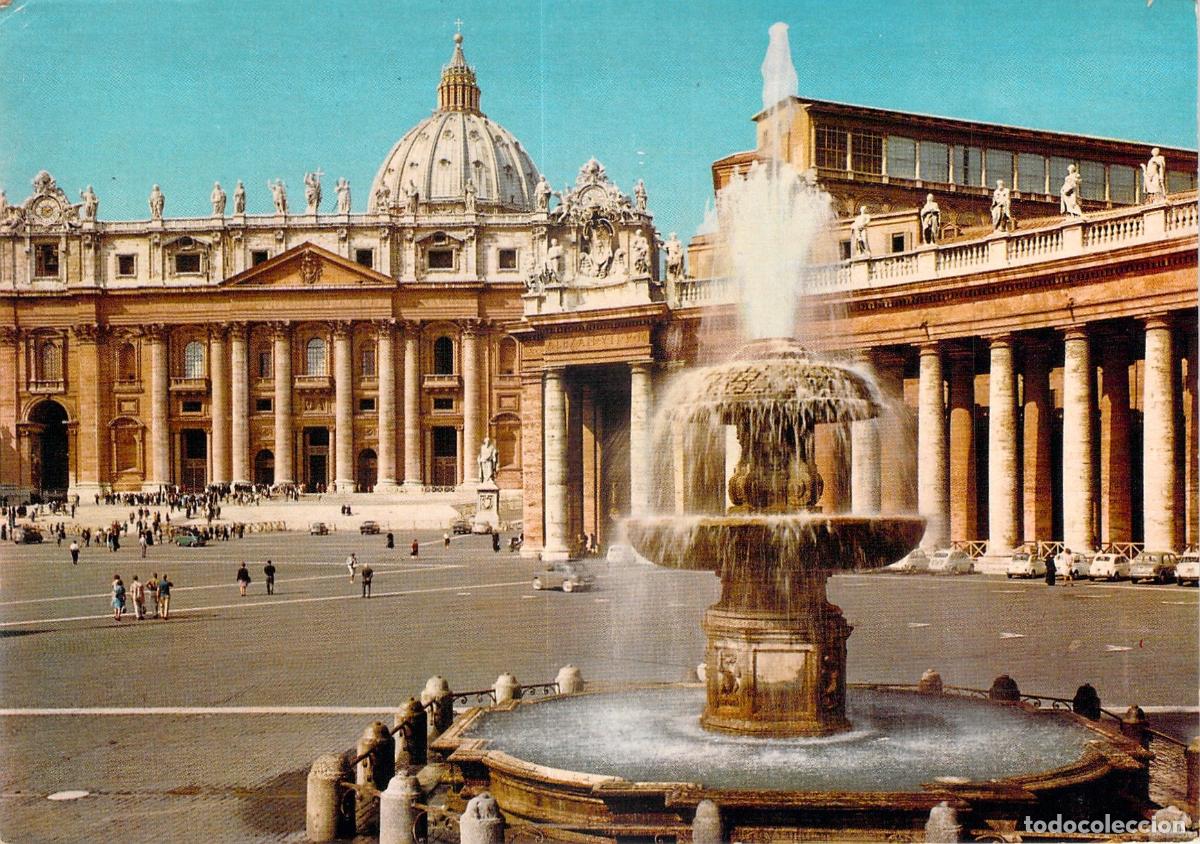 Postales: Postal de la Bas&iacute;lica de San Pedro y Fuente de Bernini en Roma