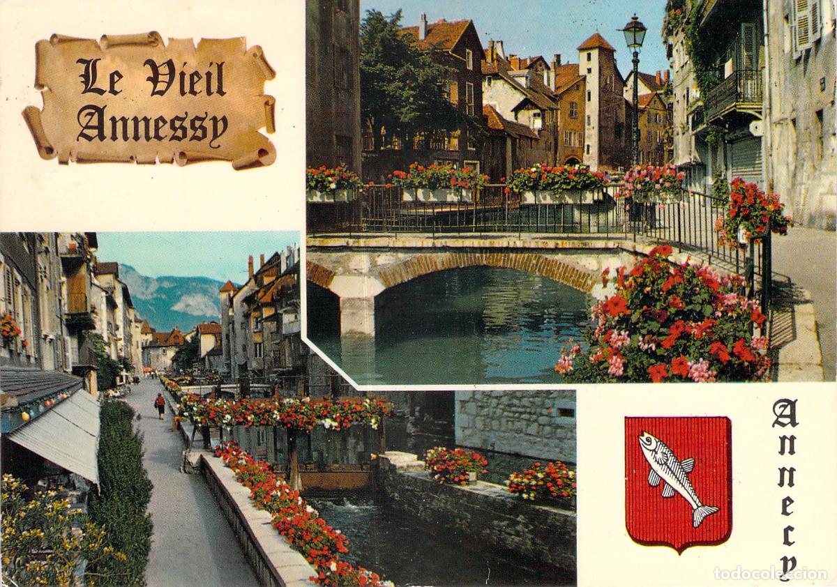 Postales: Postal de Annecy, Canal du Thiou y Puente Bacchus, Francia