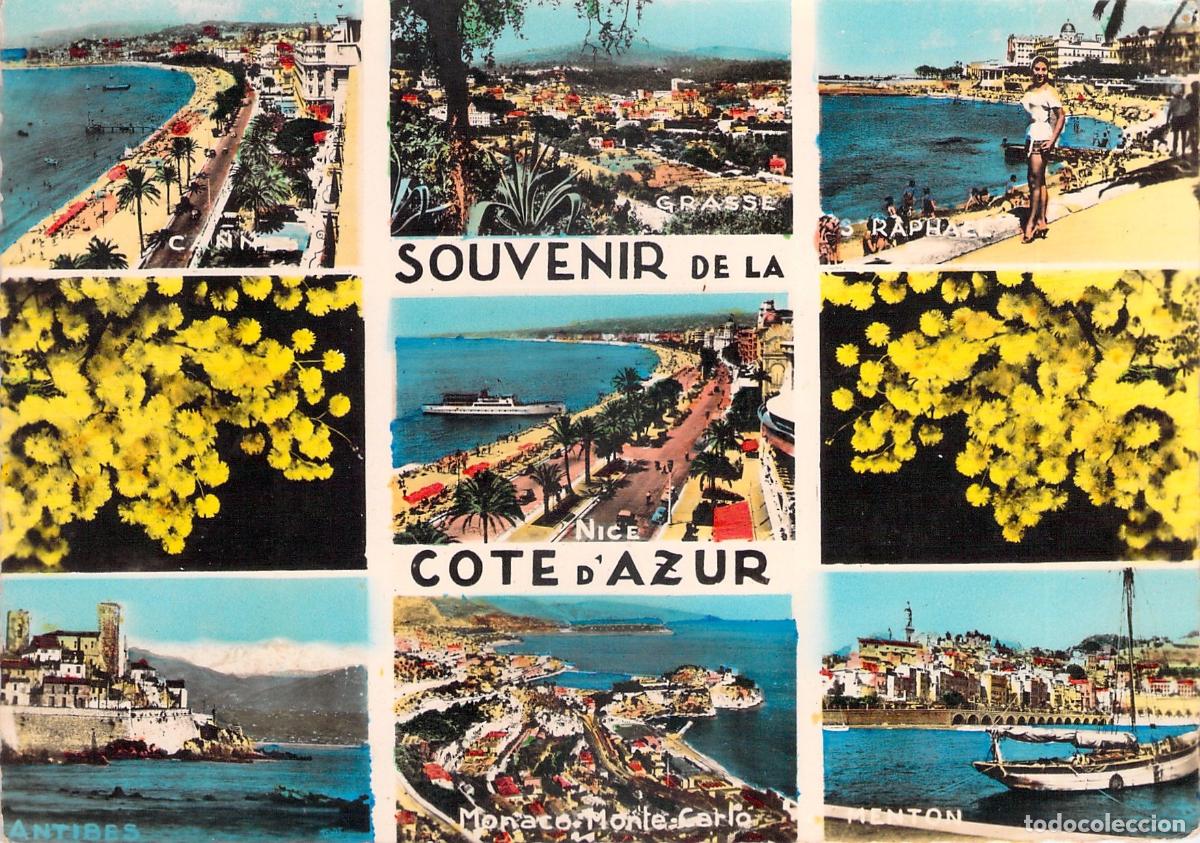 Postales: Postal Souvenir de la C&ocirc;te d'Azur con Vistas de Cannes, Niza y M&oacute;naco