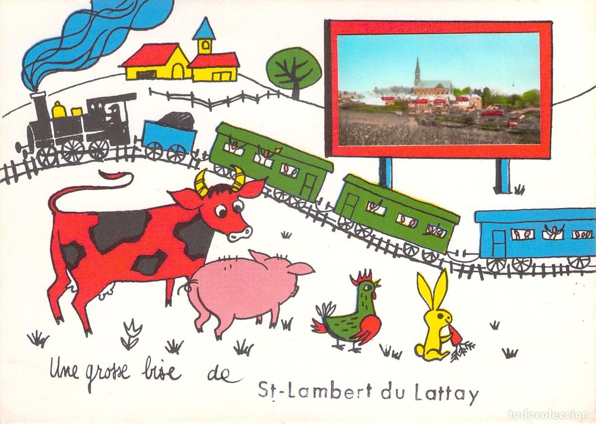 Postales: Postal Ilustrada de Saint-Lambert-du-Lattay con Animales y Tren