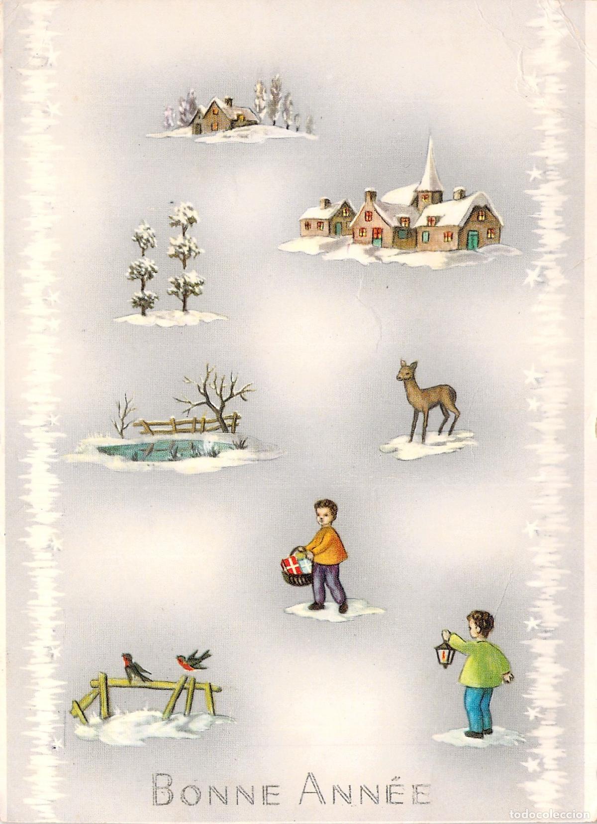 Postkarten: Postal Francesa de A&ntilde;o Nuevo Bonne Ann&eacute;e con Escenas de Invierno