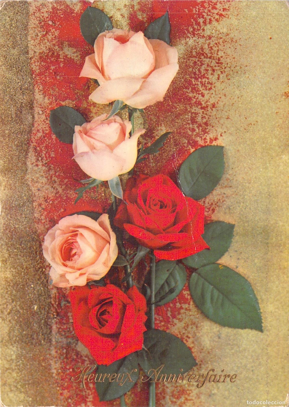 Postkarten: Postal de Cumplea&ntilde;os Francesa con Rosas Heureux Anniversaire