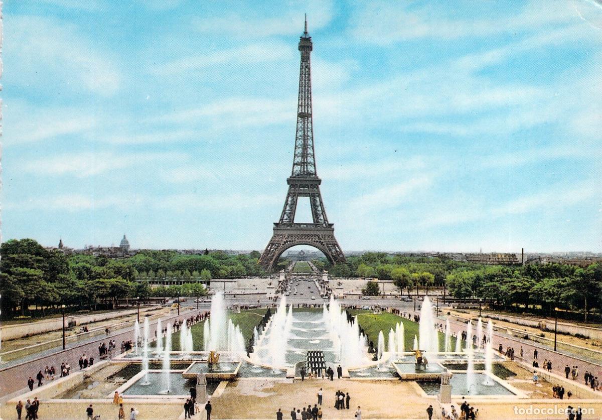 Cartoline: Postal de la Torre Eiffel y Fuentes del Palacio de Chaillot, Par&iacute;s