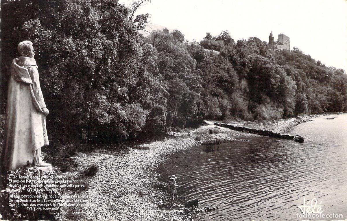 Cartoline: Postal Lac du Bourget, Castillo de Ch&acirc;tillon y Estatua de Lamartine, Francia