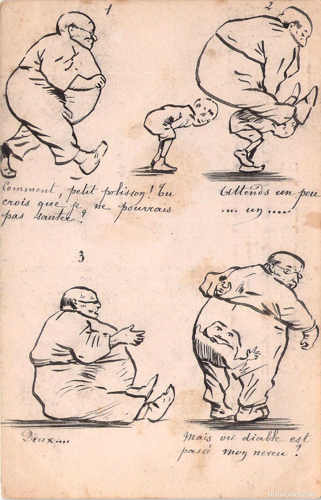 Cartes Postales: Postal de Humor Ilustrada Caricatura Francesa de T&iacute;o y Sobrino