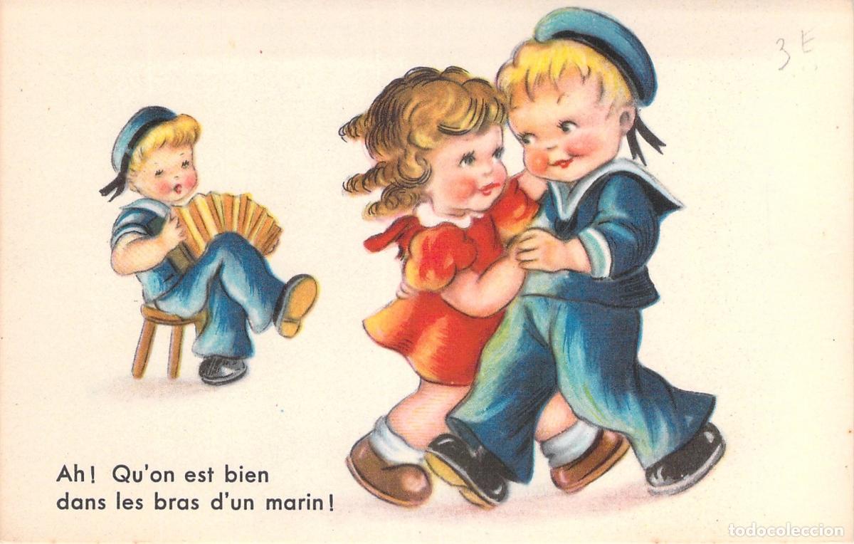 Cartes Postales: Postal de Ilustraci&oacute;n Infantil con Ni&ntilde;os Marineros Bailando