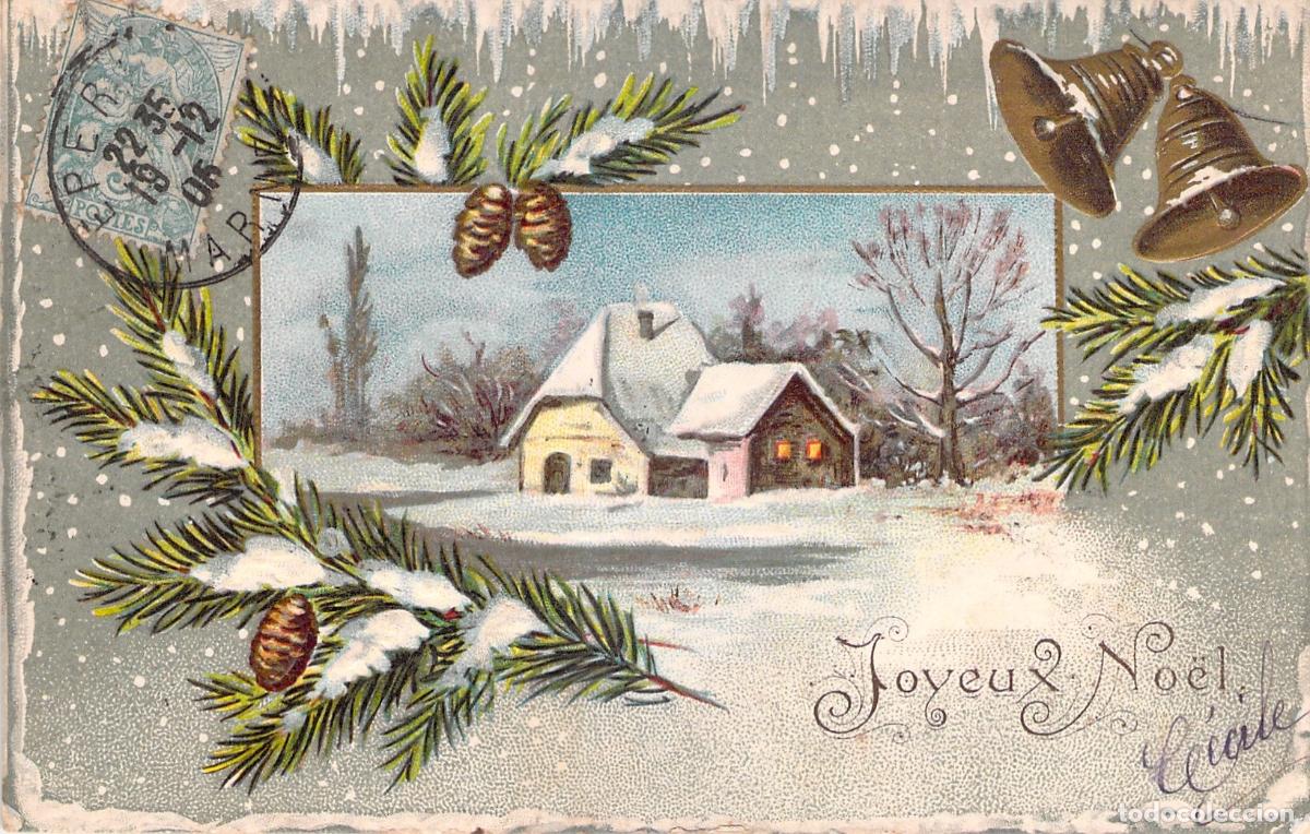 Cartes Postales: Postal de Navidad Joyeux No&euml;l con Paisaje Nevado y Campanas