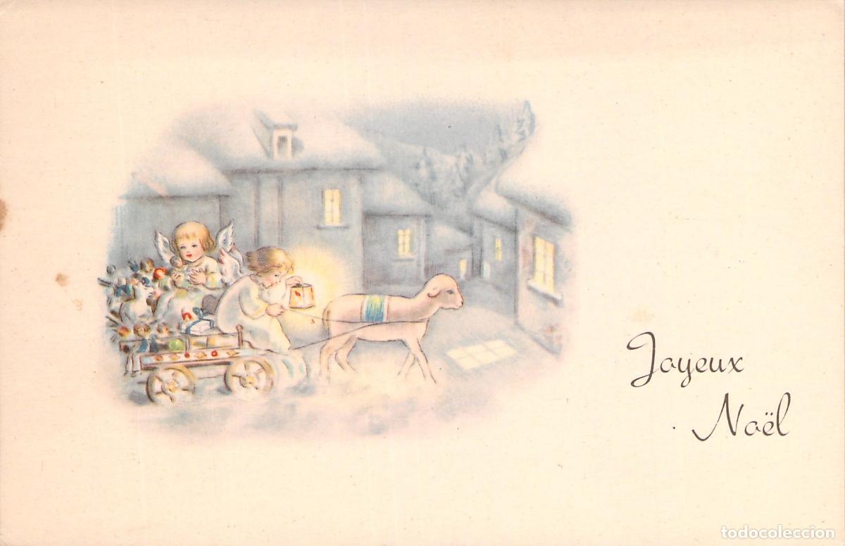 Postales: Postal Navide&ntilde;a Joyeux No&euml;l Ilustraci&oacute;n de &Aacute;ngeles y Cordero