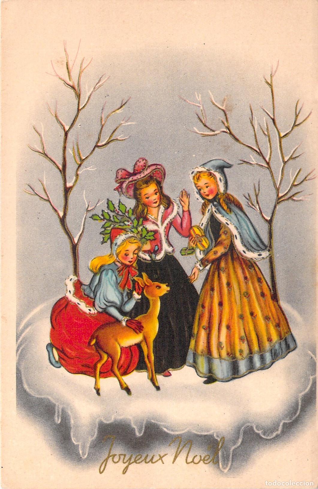 Postales: Postal Ilustrada de Navidad Joyeux No&euml;l con Ni&ntilde;as y Ciervo