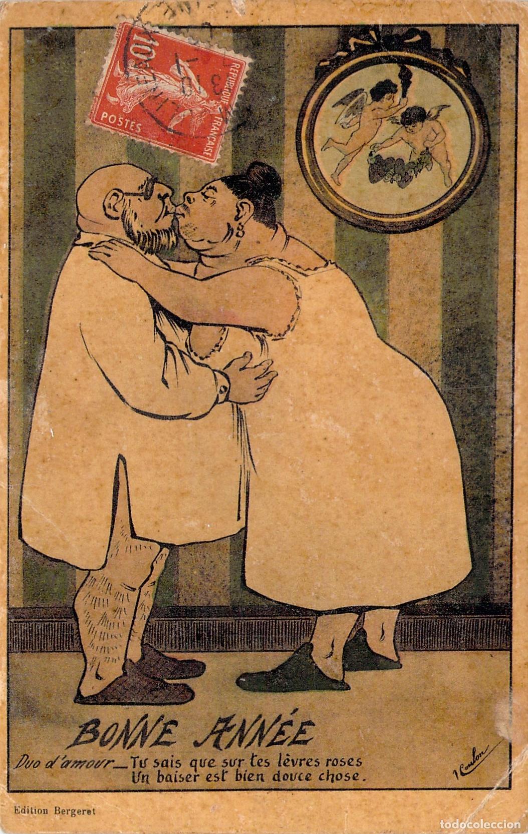 Postales: Postal Francesa de A&ntilde;o Nuevo Humor&iacute;stica Pareja Bes&aacute;ndose Bergeret