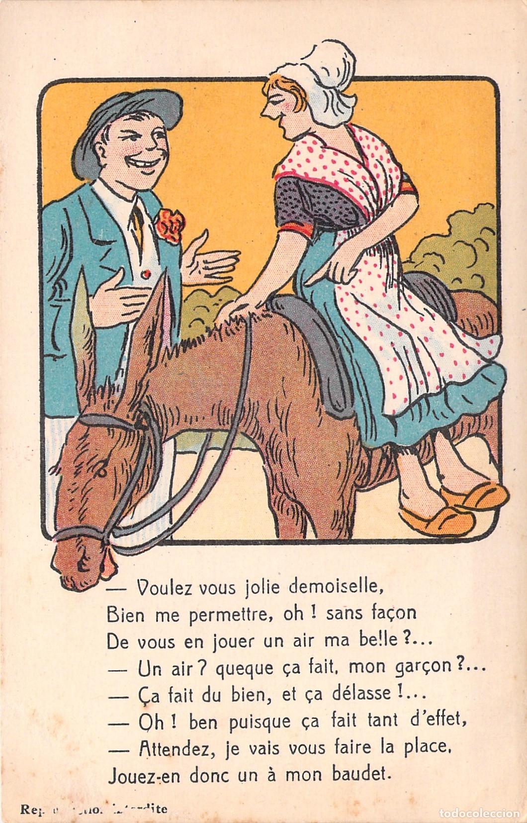 Postales: Postal Ilustrada de Humor con Di&aacute;logo en Franc&eacute;s y Burro