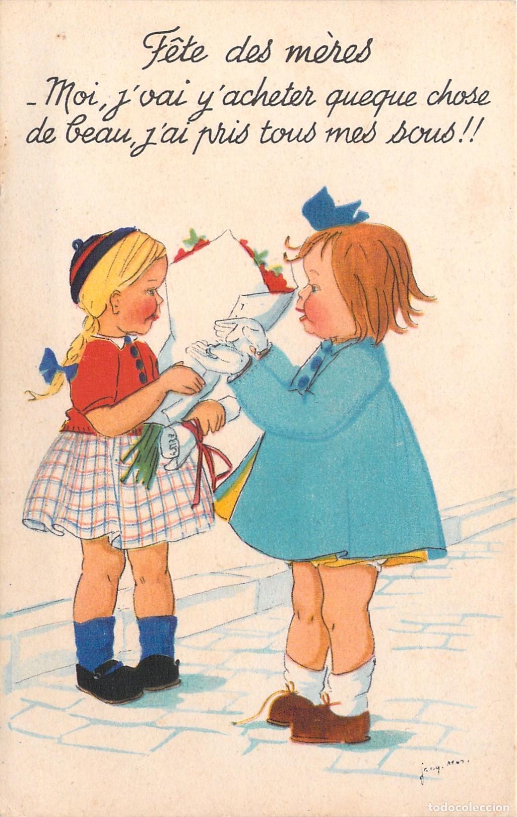 Postales: Postal Francesa de D&iacute;a de la Madre Ilustraci&oacute;n Infantil de Ni&ntilde;as