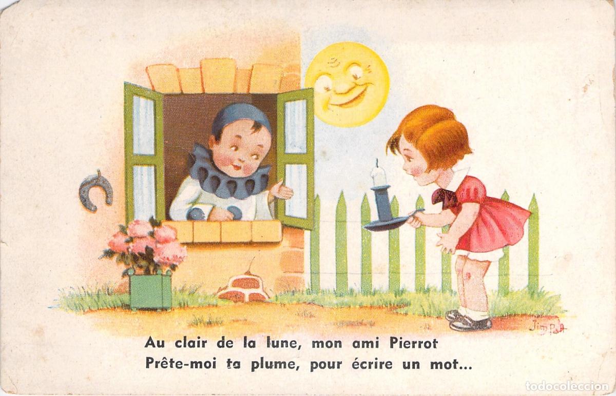 Postales: Postal Ilustrada Infantil Pierrot y Ni&ntilde;a Au Clair de la Lune