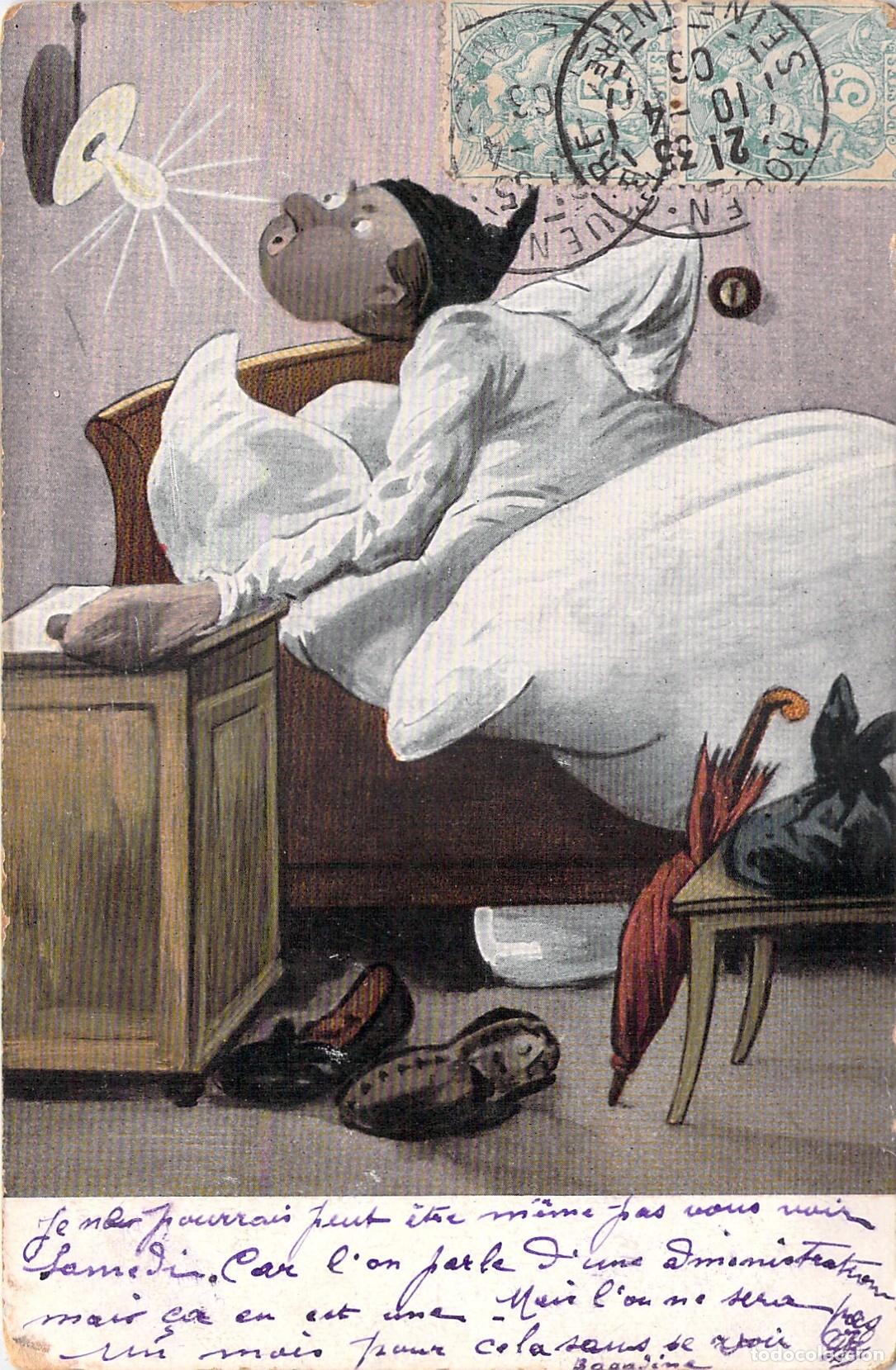 Postales: Tarjeta Postal Ilustrada de Humor con Caricatura en el Dormitorio