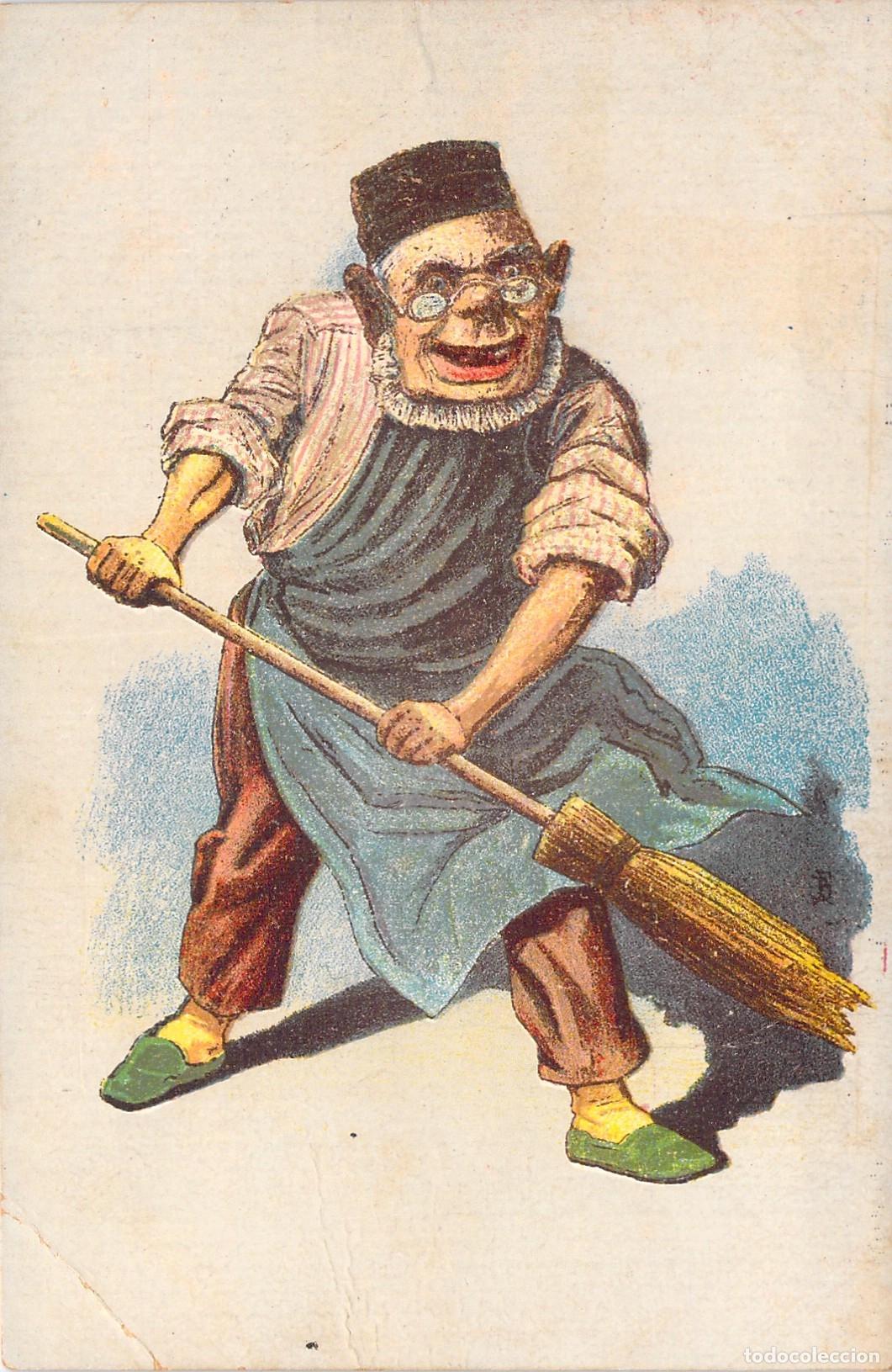 Postales: Tarjeta Postal Ilustraci&oacute;n Caricatura de Personaje con Escoba