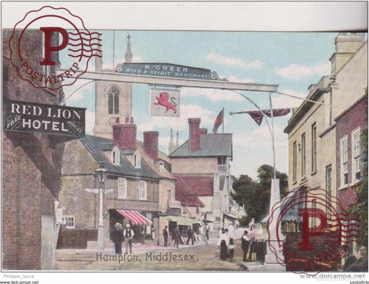 Postales: 1910 Hampton red lion Hotel W green Wine and Spirit Merchant