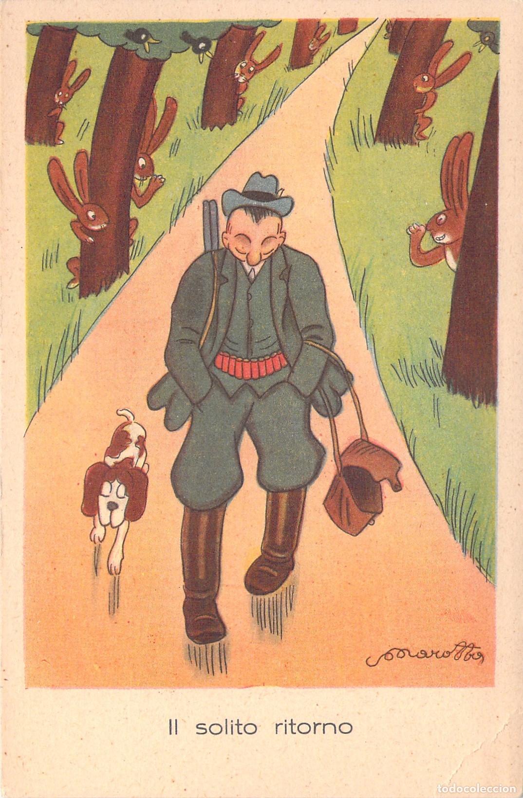 Postales: Postal Ilustrada Humor&iacute;stica de Cazador y Conejos Il Solito Ritorno