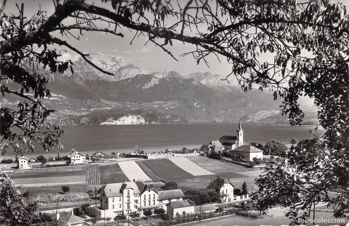 Postales: Postal de Sevrier, Vista del Lago de Annecy y la Iglesia