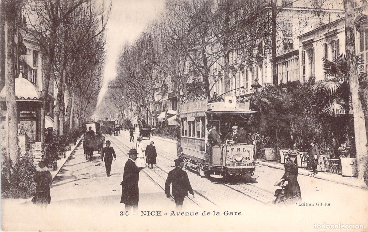 Postales: Postal de Nice: Avenue de la Gare con Tranv&iacute;a y Peatones