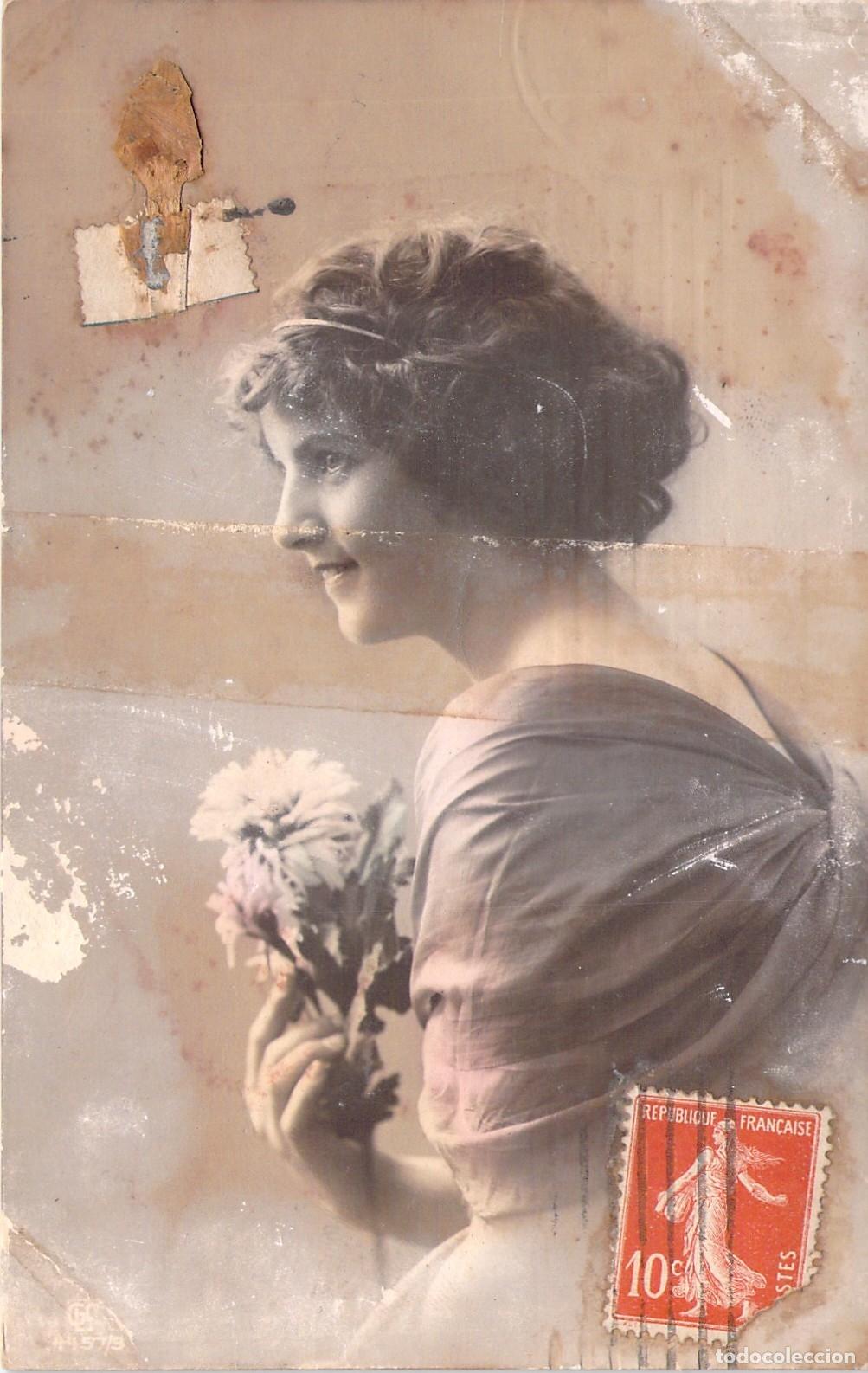 Postales: Postal Francesa Retrato de Mujer con Flores y Sello