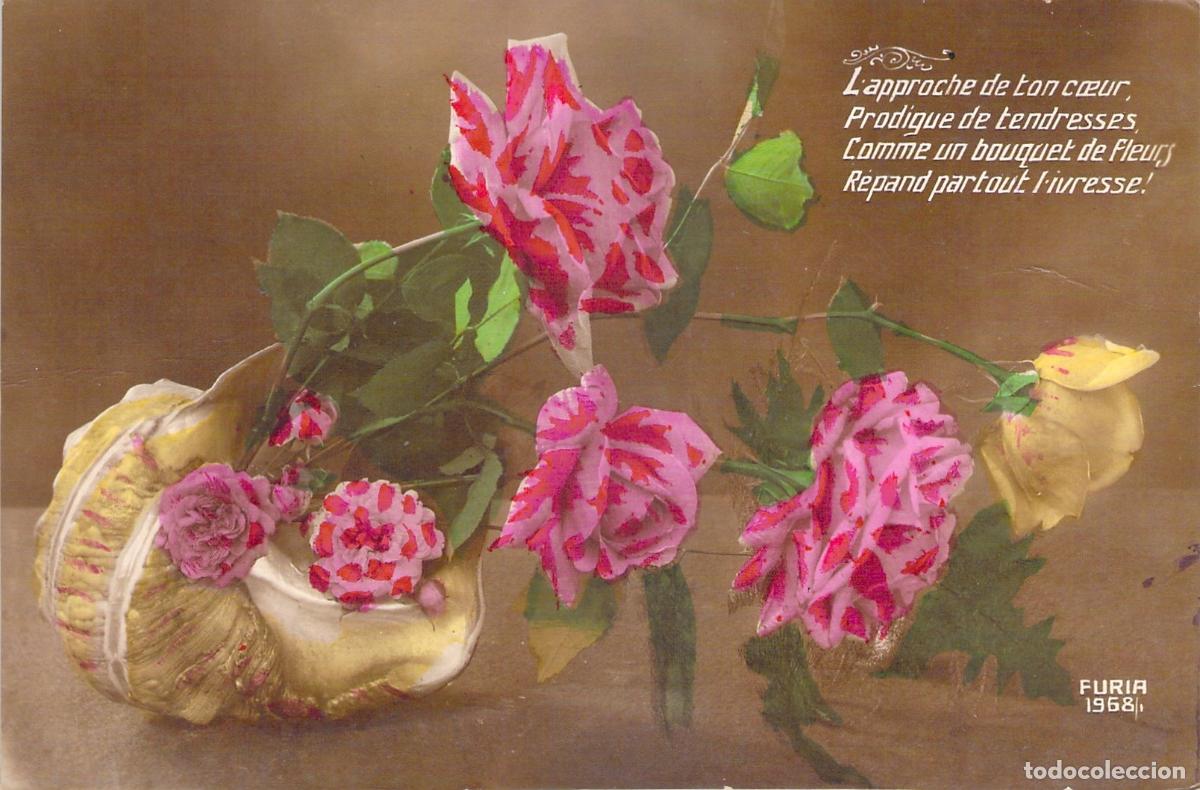 Postales: Postal con rosas en caracola y poema de amor franc&eacute;s