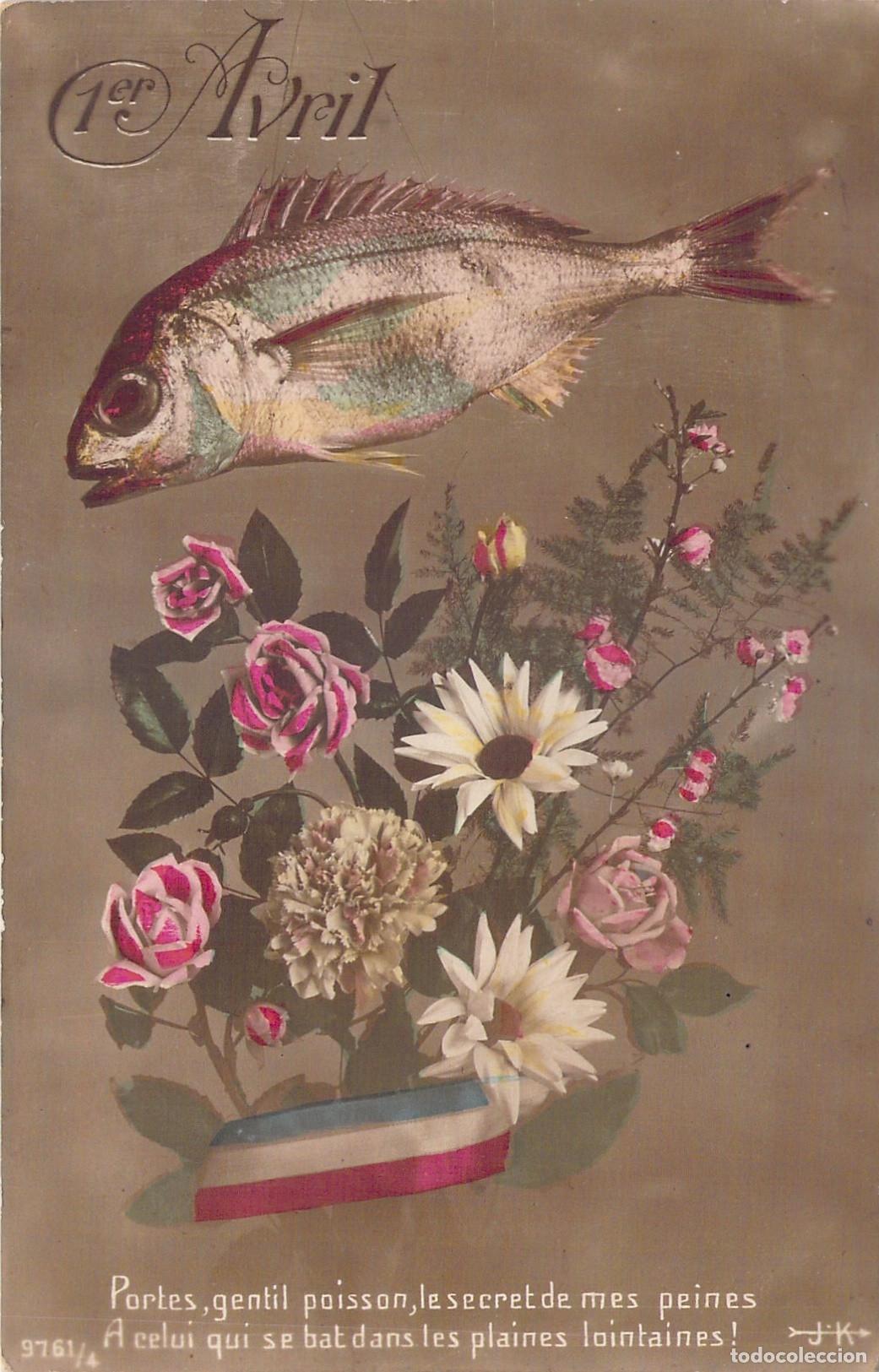 Postales: Postal Francesa del Primer de Abril con Pescado y Flores Patri&oacute;ticas