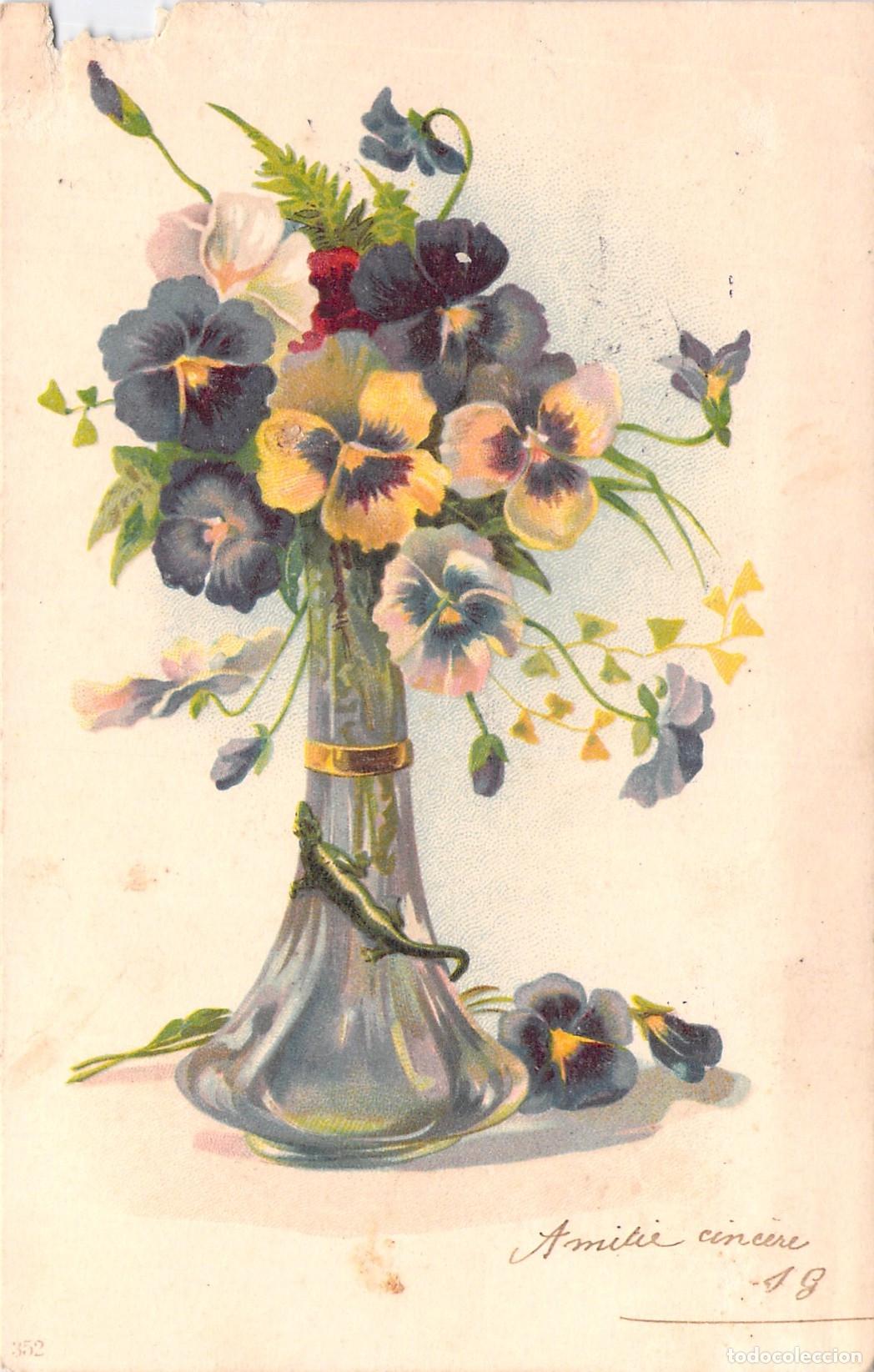 Postales: Postal Ilustrada de Flores Pensamientos en Jarr&oacute;n con Lagartija