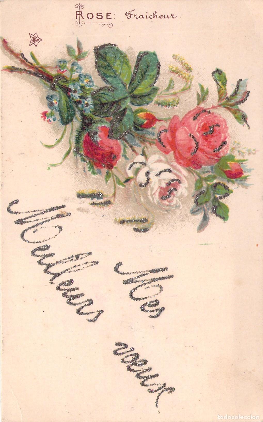 Postales: Postal Francesa Ilustrada de Rosas con Mensaje de Mejores Deseos