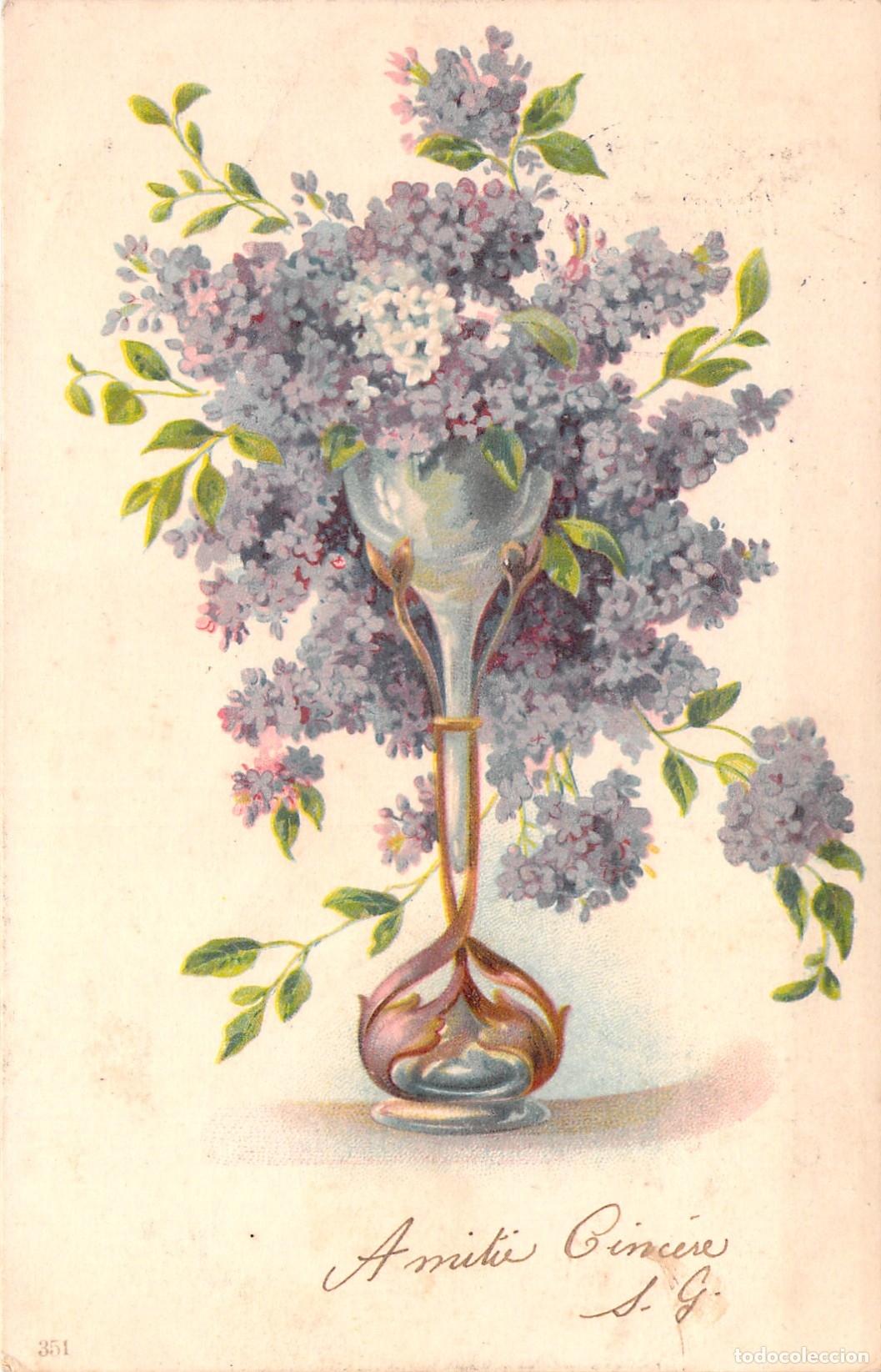 Postales: Tarjeta Postal Ilustrada con Flores de Lilas en Jarr&oacute;n Art Nouveau