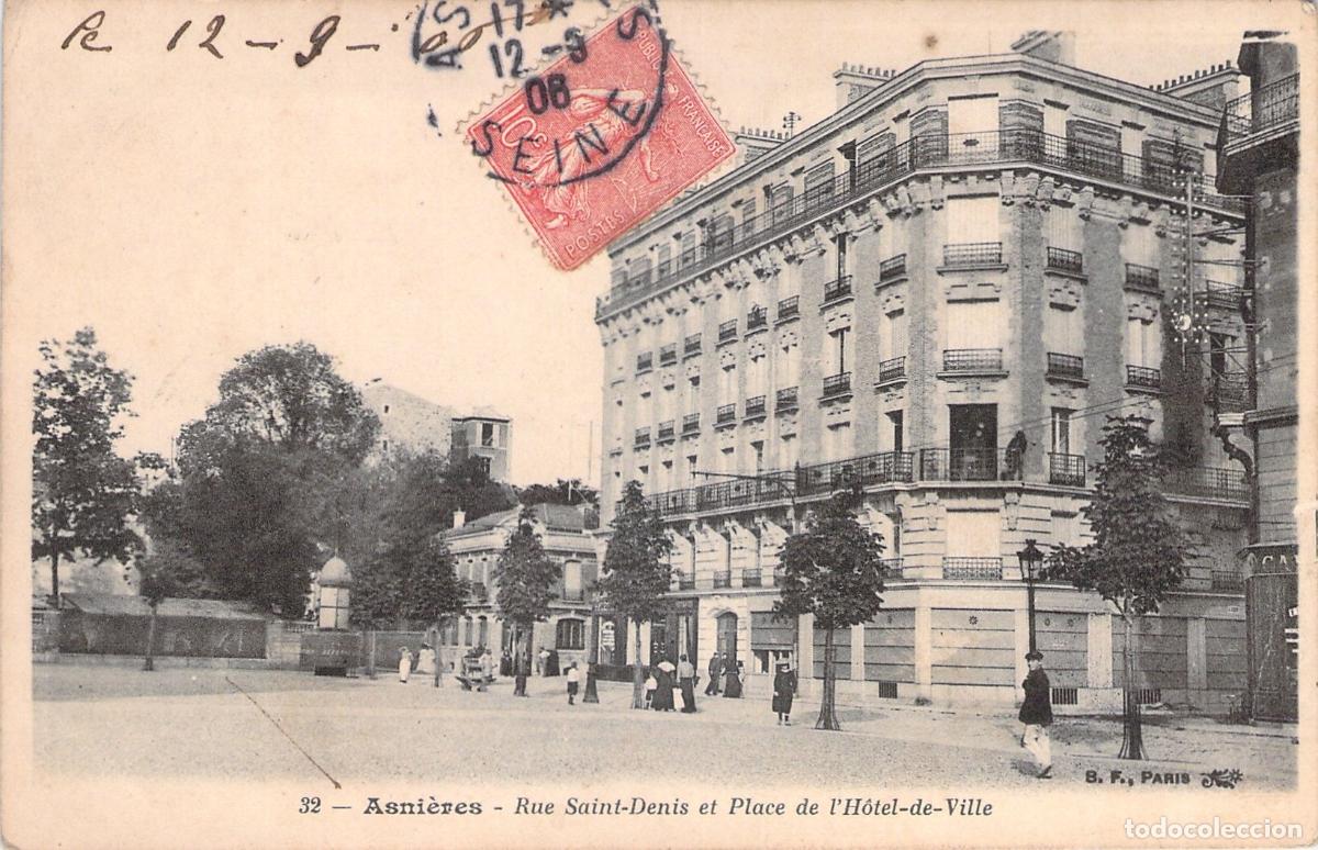 Postales: Tarjeta Postal de Asni&egrave;res Rue Saint-Denis y Place de l'H&ocirc;tel-de-Ville