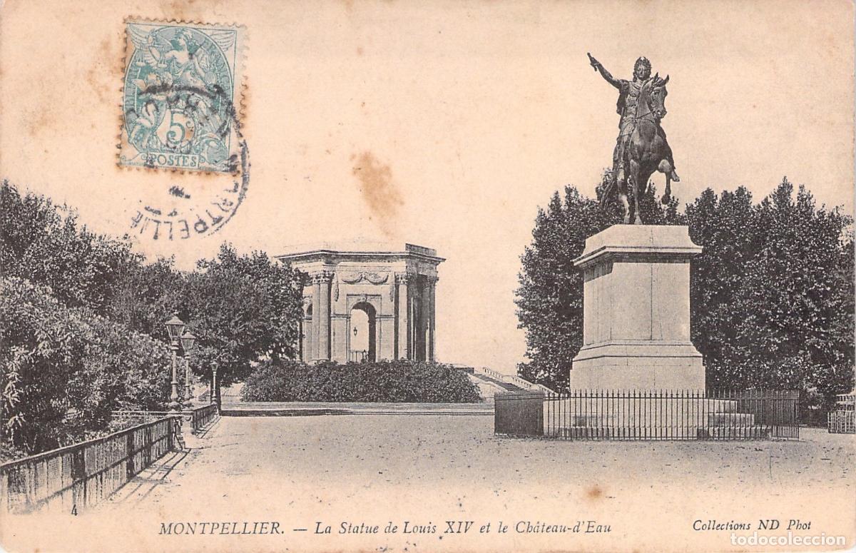 Postkarten: Postal Montpellier Estatua de Luis XIV y el Ch&acirc;teau d'Eau Francia