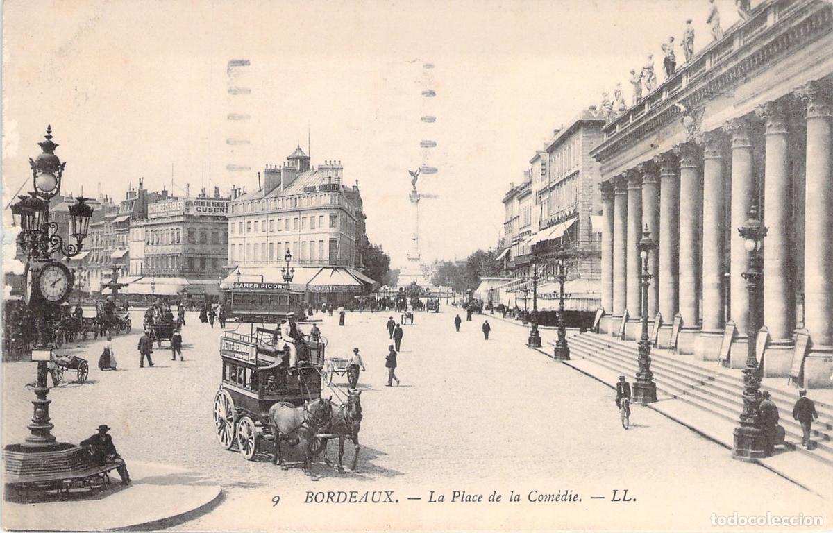 Postais: Postal de la Plaza de la Comedia en Burdeos con Tranv&iacute;a de Caballos