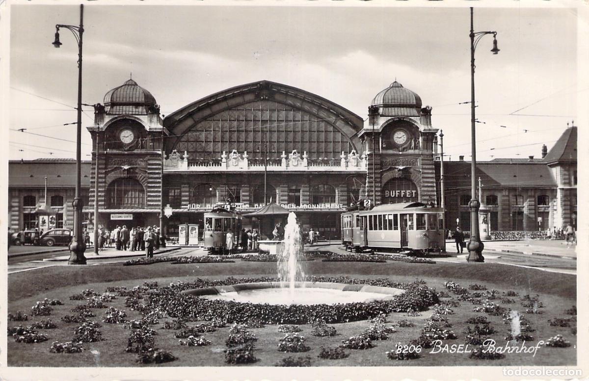 Postales: Postal de la Estaci&oacute;n de Ferrocarril de Basilea, Suiza con Tranv&iacute;as