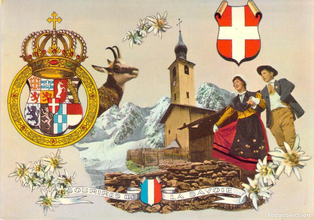 Postales: Postal Souvenir de la Savoie con Trajes T&iacute;picos y Escudo