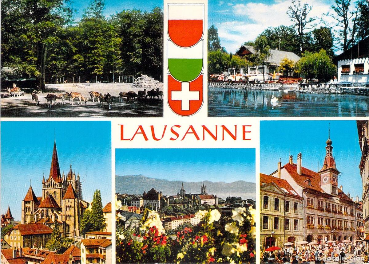 Postales: Postal de vistas m&uacute;ltiples de Lausana con catedral y escudo