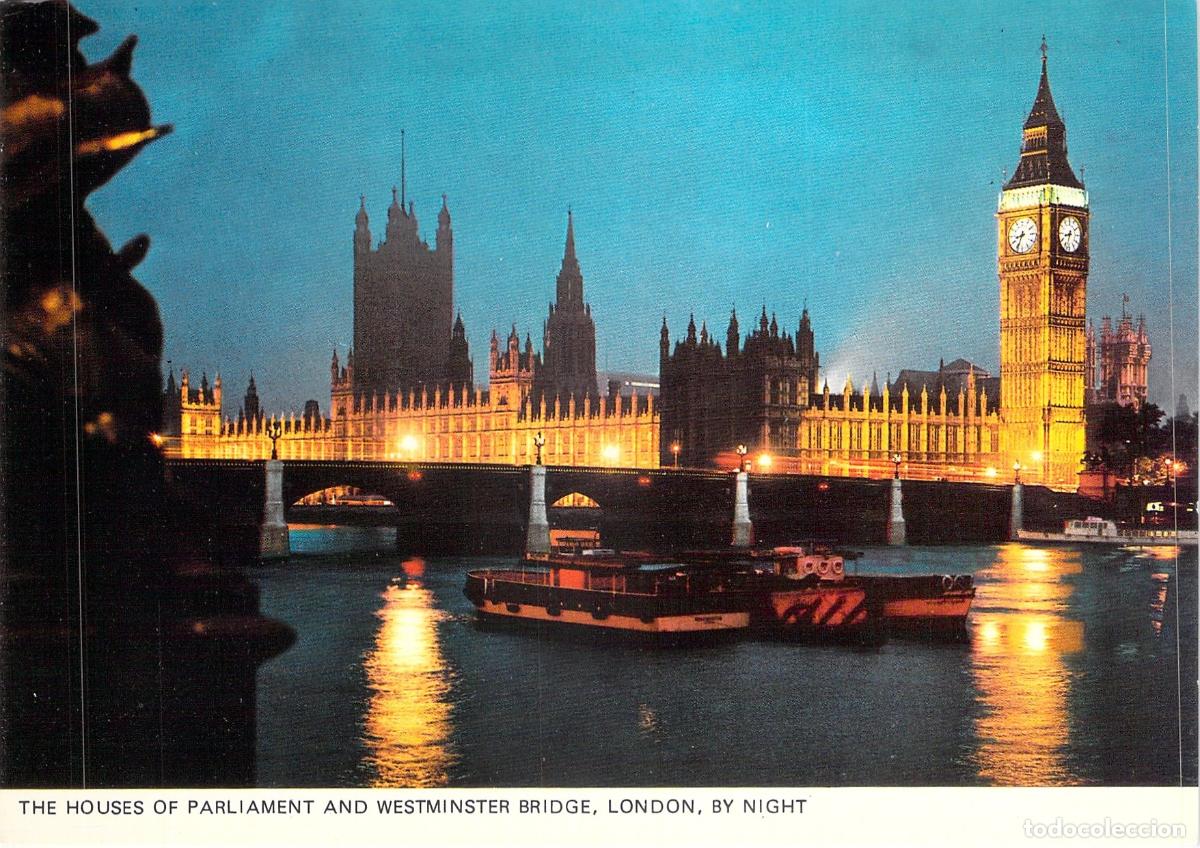 Postales: Postal de Londres de Noche Parlamento y Puente de Westminster