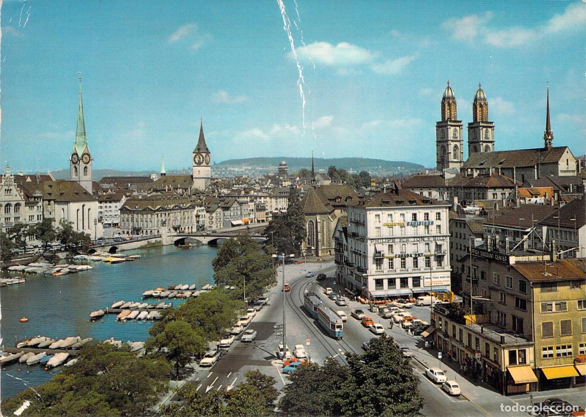 Postales: Postal de Z&uacute;rich con Iglesias Fraum&uuml;nster y Grossm&uuml;nster