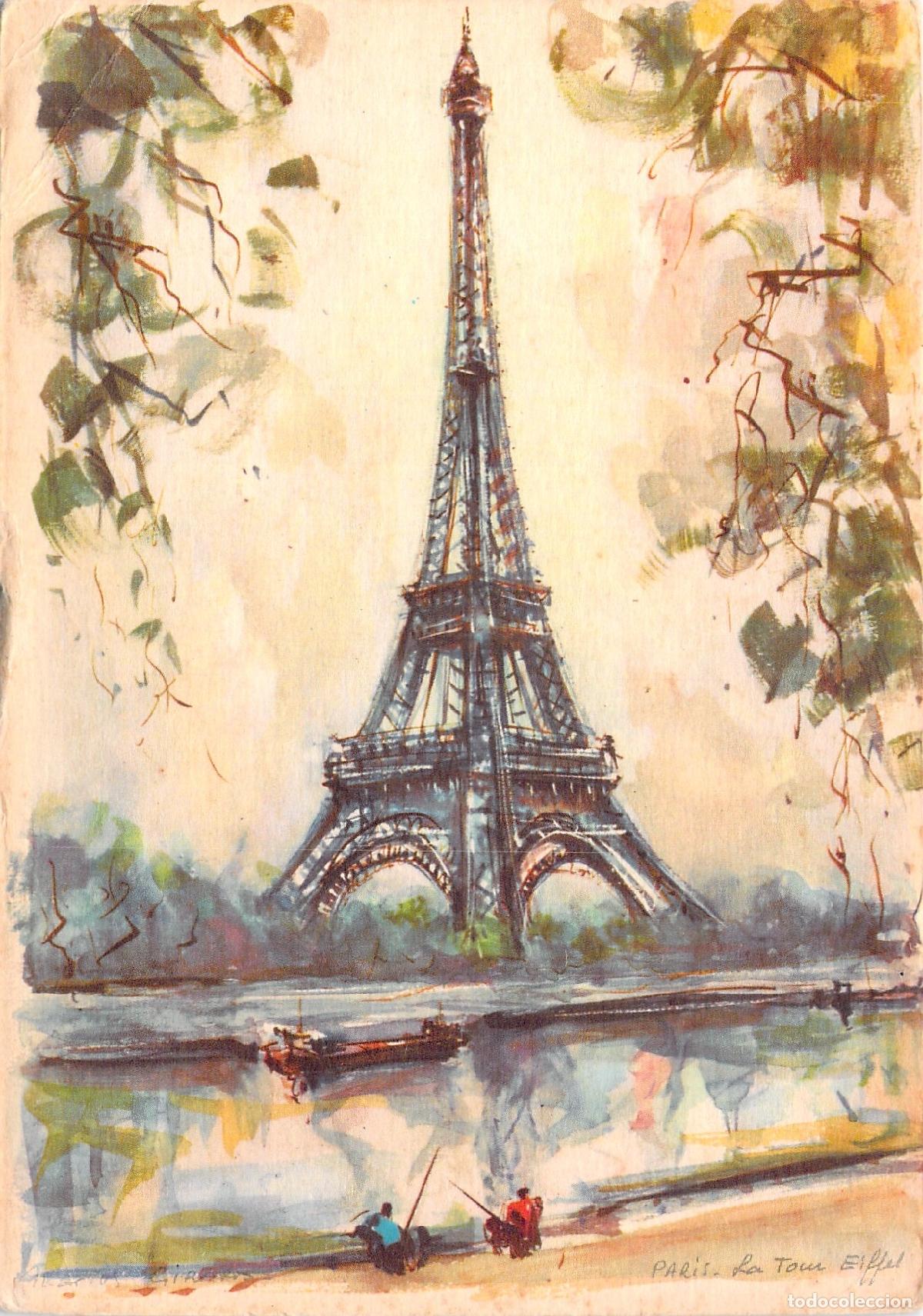 Postales: Postal Art&iacute;stica de la Torre Eiffel y el R&iacute;o Sena en Par&iacute;s
