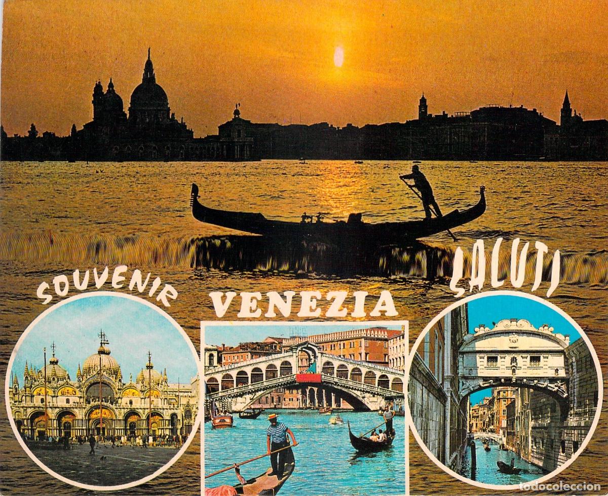 Postales: Postal de Recuerdo de Venecia con Atardecer y G&oacute;ndola