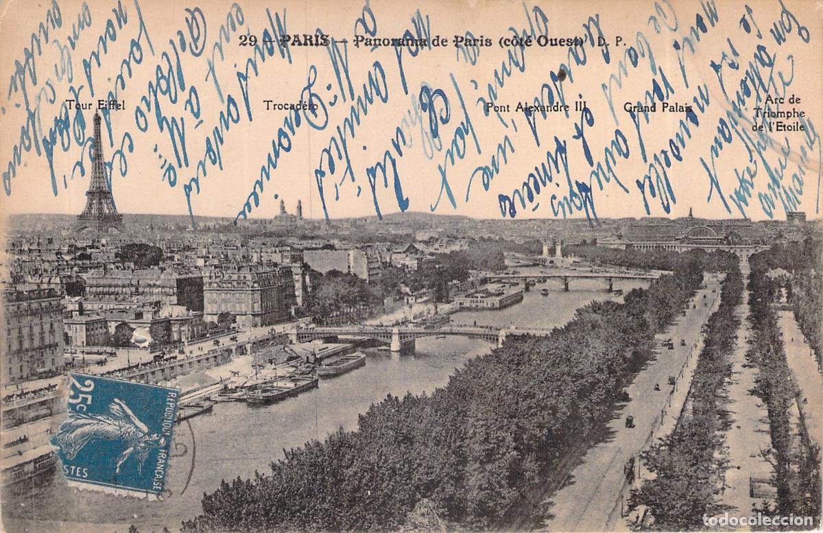Postales: Postal Panorama de Par&iacute;s con Torre Eiffel y R&iacute;o Sena Francia