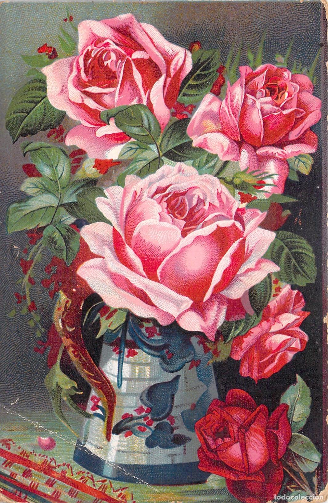 Postales: Tarjeta Postal con Ilustraci&oacute;n de Hermosas Rosas en Jarr&oacute;n