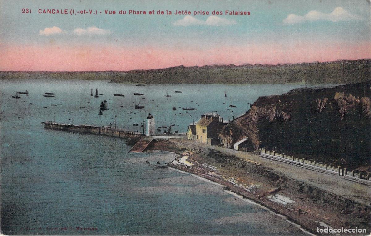 Postales: Postal de Cancale Francia: Vista del Faro y la Escollera