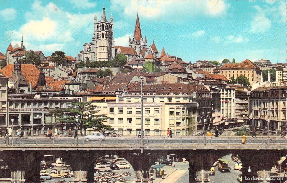 Postales: Postal de Lausana Suiza con el Gran Puente y la Catedral