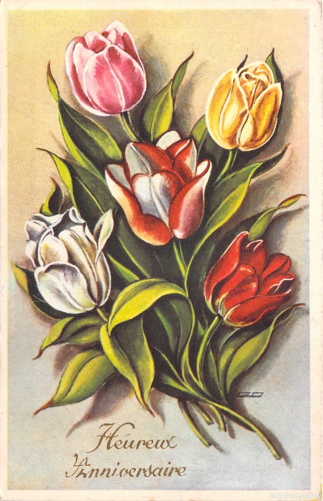 Postales: Postal de Felicitaci&oacute;n con Ramo de Tulipanes Heureux Anniversaire